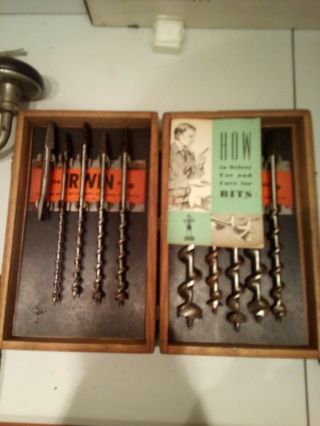 Vintage Irwin 10 Pc Auger Bit Set In Wood Case With Stanley 15  Drill Brace.