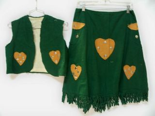 Charming Vintage Cowgirl Costume Green Flannel With Applique Hearts And Fringe