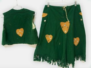 Charming Vintage Cowgirl Costume Green Flannel with Applique Hearts and Fringe 2