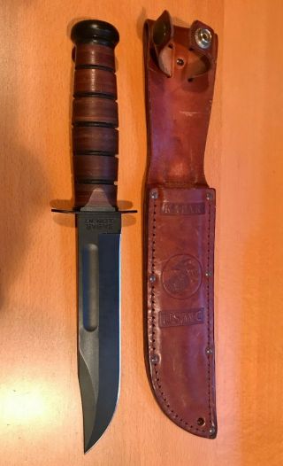 Kabar 1217 Fighting/utility Knife Usmc Leather Sheath Straight Edge