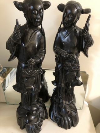 Vintage Chinese Carved Wooden Figures Of Goddess