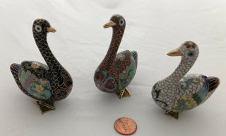 Vintage Cloisonne Enamel And Bronze Standing Swans 3 Piece Set