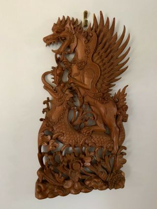Vintage Wall Hanging Hand Carved Teak Dragons Thailand Piece