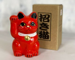 Maneki Neko Coinbank Japanese Lucky Cat Tokoname Yaki Right Hand Up Red Japan