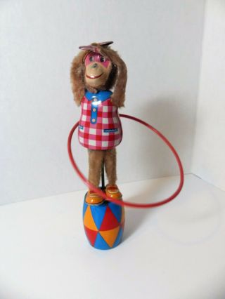 Vintage Mechanical Monkey Hula Hooping 9 " Tin Wind Up Toy By Plaything / Japan