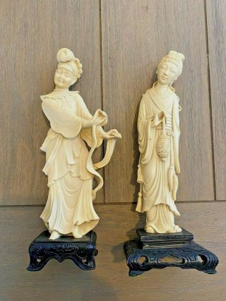 Tall Carved Ivory Color Resin Statue Figures Female Figurine Oriental Art Vgt