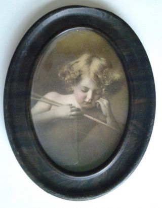 Vintage Cupid Asleep in Faux Tiger Oak Oval Frame photos Set of 2 2