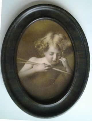 Vintage Cupid Asleep in Faux Tiger Oak Oval Frame photos Set of 2 4