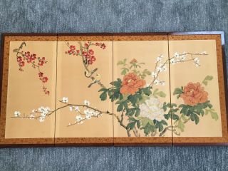 Vintage Japanese Byobu 4 Panel Divider Hand Painted Silk Screen 24 " X 47 1/2 "