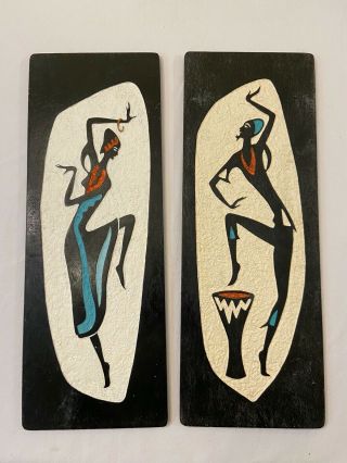 Pair Vintage African Dancers Middle Eastern Black Wood Israel Handmade