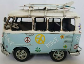 Vintage Vw Volkswagen Bus Van Tin With Surfboards Toy Home Decor Blue Peace Sign