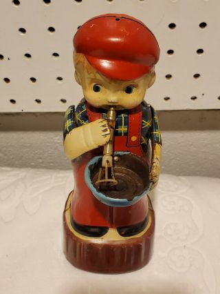 Vintage 1950 ' s Tin Windup Toy Large boy in overalls Blowing Bubbles 2