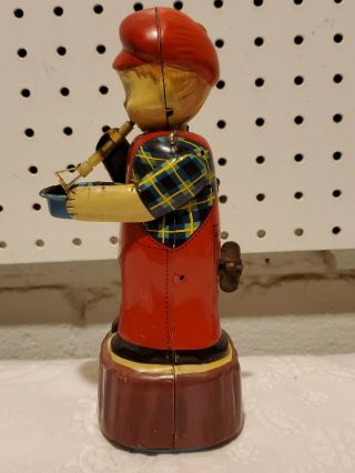 Vintage 1950 ' s Tin Windup Toy Large boy in overalls Blowing Bubbles 3