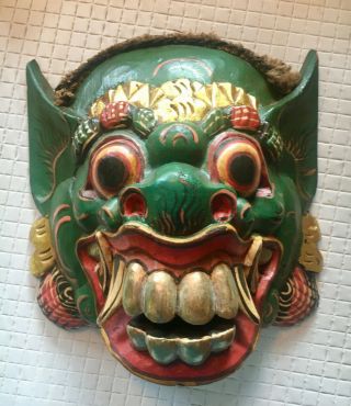 Vintage Indonesian Balinese Demon Mask Hand - Carved Barong Wood Folk Art