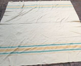 Vintage 2 Color Striped Hudson Bay Style Wool Camp Blanket 68” X 80” Cream Color