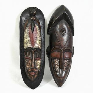 Set Of 2 Vintage Hand Crafted Wood And Metal Tribal Masks 18 " Ghana Africa