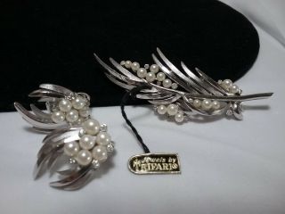 Vintage Estate Silver Crown Trifari Slim Pearl Leaf Brooch Pin Clip Earrings NWT 2