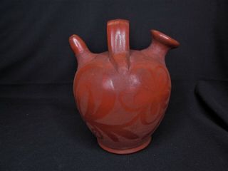 Vtg Terracotta Mexican Pottery Double Spouted Water Jug W/ Us Customs Sticker - 7 "