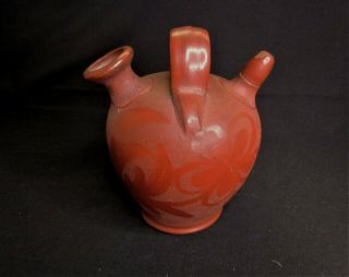 Vtg Terracotta Mexican Pottery Double Spouted Water Jug w/ US Customs Sticker - 7 