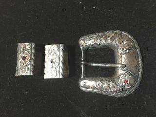 Vintage Western Sterling Silver & 10k Gold 3pc Ranger Belt Buckle Set W Rubies