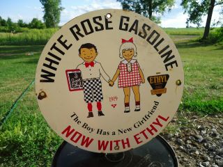 Vintage 1929 White Rose Gasoline Porcelain Enamel Pump Station Sign With Ethyl