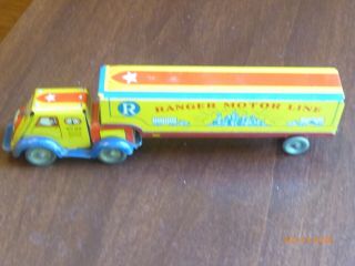 Vintage 1950s Ranger Motor Lines 6 " Wind Up Tin Litho Toy Tractor Trailer Truck