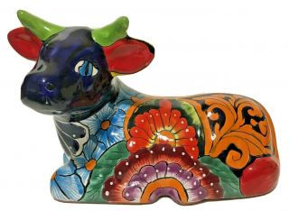 Mexican Pottery Animal Talavera Cow Bull Figure Folk Art Large Ceramic