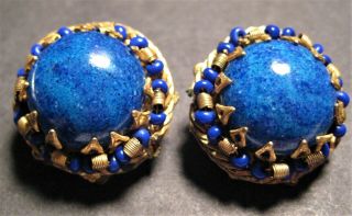 Vintage Miriam Haskell Signed Gold Tone Filigree Blue Glass Bead Clip Earrings