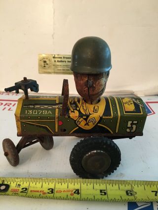 Vintage Marx Wind Up Toy Jolly Joe Us Army Man Soldier In Jeep W/ Machine Gun