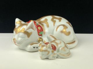(2) Vintage Japanese Kutani Sleeping Cat Figurines Porcelain Gold Stripes Pair