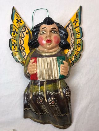 Vtg Mexican Folk Art Carved Wood Full Winged Angel Wall Hanging Colonial 18”