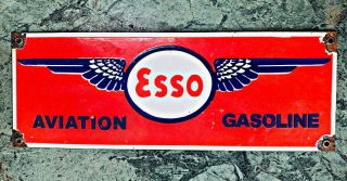 Enamel Esso Aviation Gasoline Sign Vintage Porcelain 18 X 6 1/2 Inches