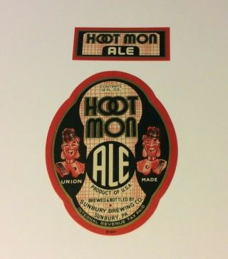 Hoot Mon Ale Neck & Beer Label Irtp Sunbury Brewing Co.  Sunbury Pa