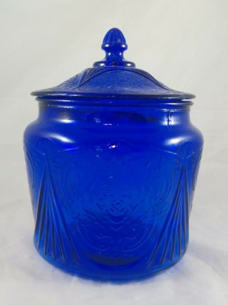 Vintage Hazel Atlas Glass Company Cobalt Royal Lace Cookie Jar With Lid