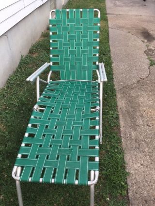 Vintage Aluminum Webbed Folding Chaise Lounge Chair Adjustable Green White 1970s