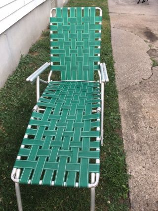 Vintage Aluminum Webbed Folding Chaise Lounge Chair Adjustable Green White 1970s 2