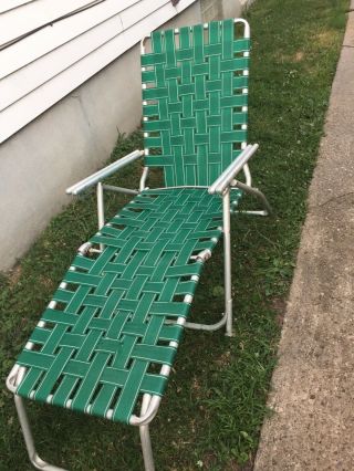 Vintage Aluminum Webbed Folding Chaise Lounge Chair Adjustable Green White 1970s 3