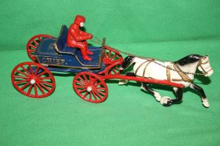 Cast Iron Horse Drawn Fire Chief Blue Wagon 15 1/2 " S Long White Horse