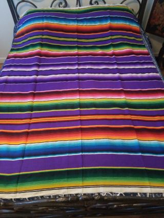 Vintage Hand Made Mexican Blanket Purples Blues,  Reds.  Gorgeous Thick 60 " X 80 "