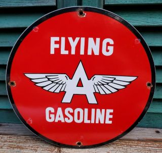Old Vintage Flying A Gasoline Porcelain Enamel Gas Pump Advertising Sign