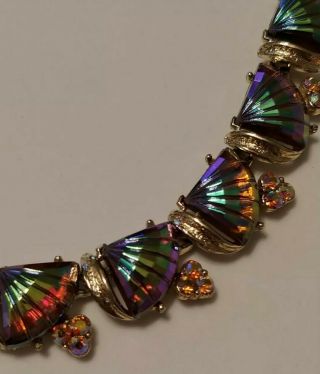 Vtg Coro Iridescent Carnival Glass Shell Or Fan Molded Necklace Ab Rhinestone