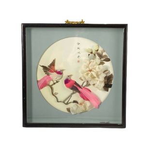 Vintage Oriental 3d Feather Diorama Shadow Box Framed Signed Birds
