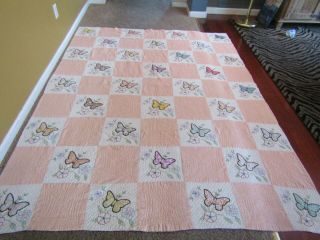Vintage Hand Crafted Cotton Butterfly Applique Embroidered Quilt