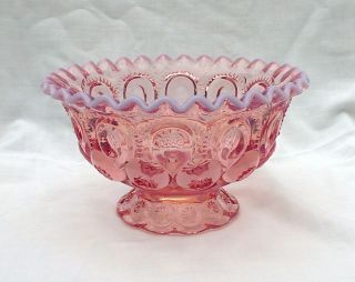 Vintage L.  G.  Wright Moon And Stars Pink Opalescent Footed Bowl Ruffled Crimped