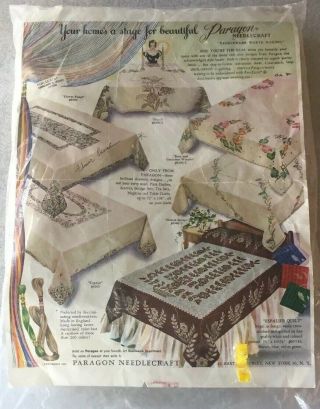 Vtg Paragon Needlecraft 100 Linen Stamped Embroidery Kit Tablecloth & Napkins