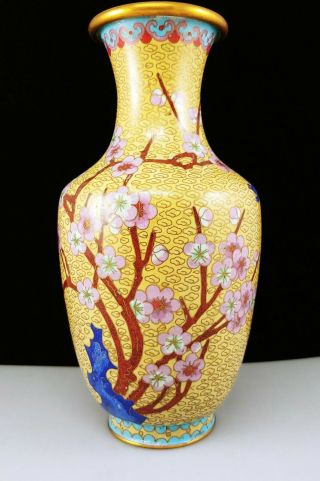 Large 9.  5 " Jingfa Vintage Chinese Cloisonne Vase Pink Cherry Blossom Blue Bird