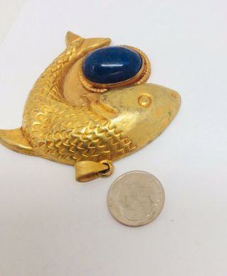 Fish Pendant Nepal Or Tibet Vintage Estate Fine Lapis Lazuli 18k Gold Overlay