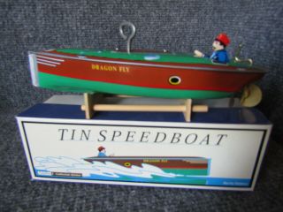 Speedboat Vintage Litho Tin " Dragon Fly " Limited Edition Wind Up 1996 & Stand