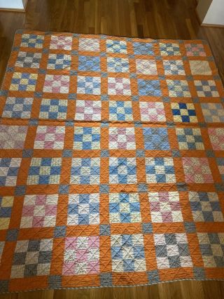 Vintage Improved Nine Patch Quilt Hand Quilted Cotton Fabrics