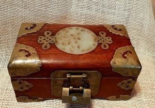 Antique Chinese Brass On Wood Jewelry Box Carved Celadon Jade Amulet Inlay